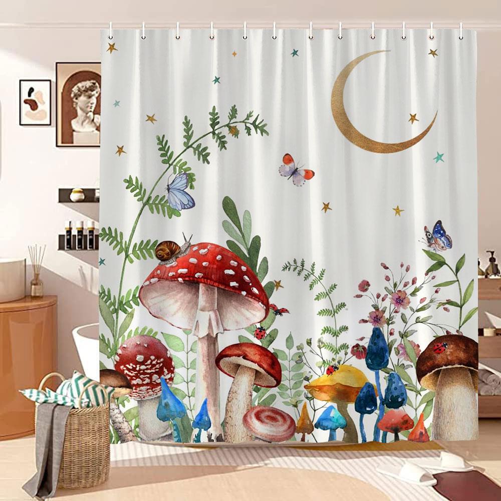 Mushroom Shower Curtain Retro Butterfly Floral Boho Moon Botanical Wildflowers Green Plant Aesthetic Bath Curtain Bathroom Decor