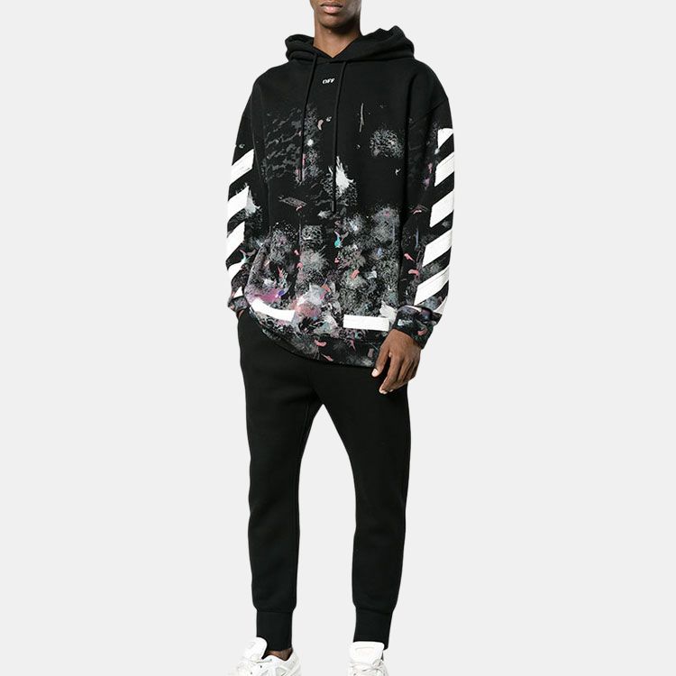 OFF WHITE Fleece Lined Classic Hoodie With Diagonal Stripe Print Sweatshirt Winter Men's Black OMBB009G20FLE0019901