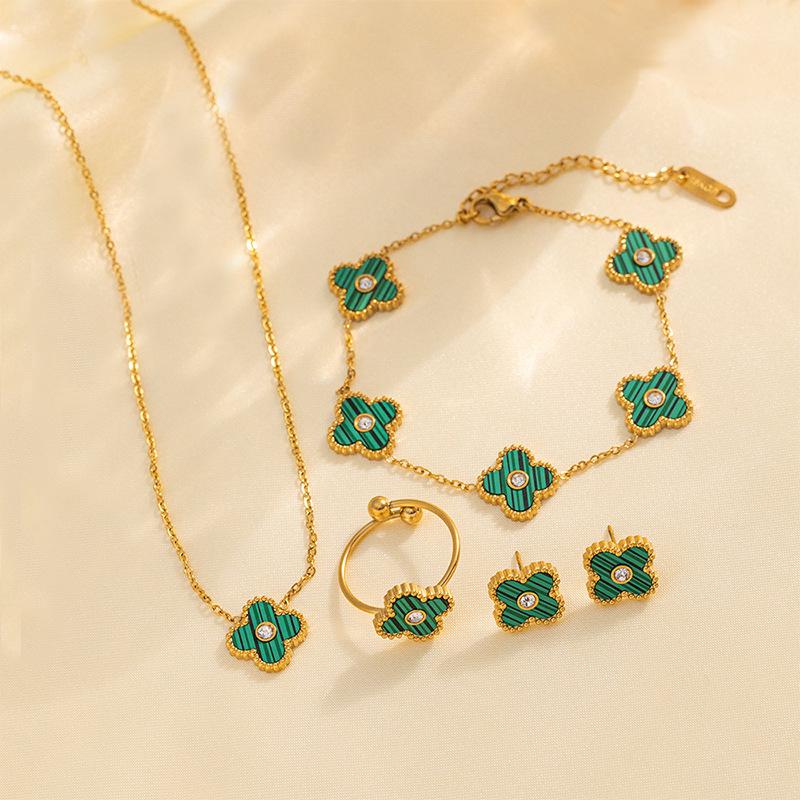 4шт 18K Lucky Clover браслет ожерелье серьги кольцо комплект