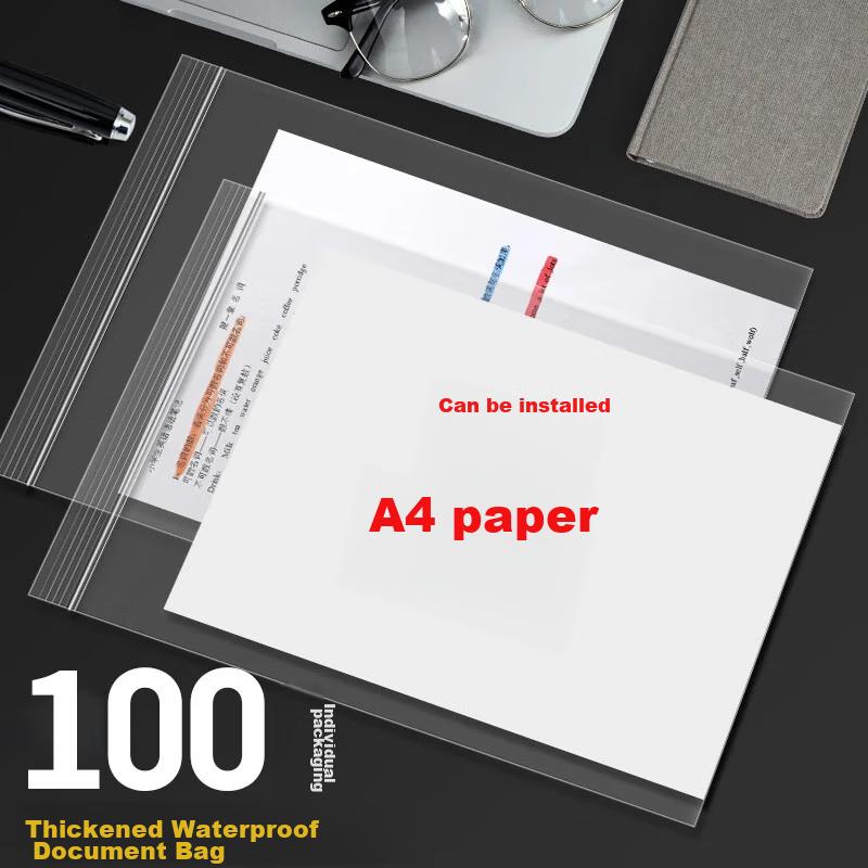100 A4 Transparent Self-Sealing Document Bags, Waterproof Plastic Bags, 240*340mm, Contract And File Storage Bags, Self-Sealing PE Bags