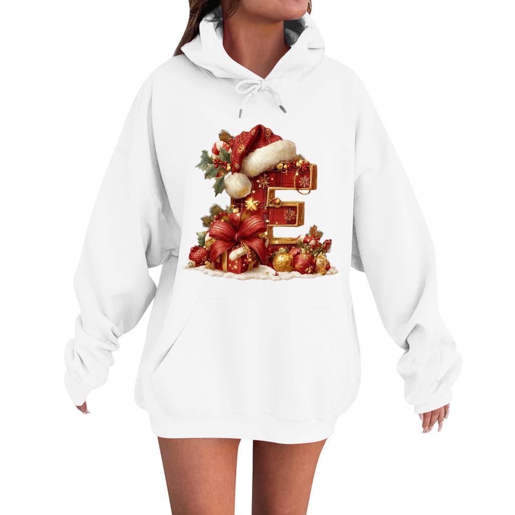Women's Casual Comfortable Long-Sleeved Christmas Letter-Printed Warm Hooded Crew-Neck Sweatshirt
