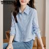 Весна Осень Модная Длинная Рукавная Блузка Рубашка Отложной Воротник Офисная Женская Полосатая Рубашка Женские Топы
