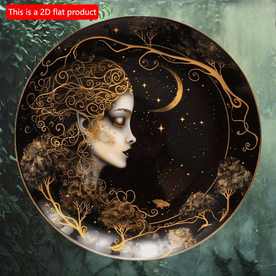 2d Flat 20*20cm, Round Wooden Wall Decorative, Moon Goddess Sign, Entrance Decor Gift, Moon Pendant Room Balcony Window, for Cafe, Club, Home, Room.