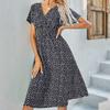 V-образный вырез с мелким цветочным принтом, простота, летняя горячая распродажа, женская одежда, платье с коротким рукавом, средняя юбка