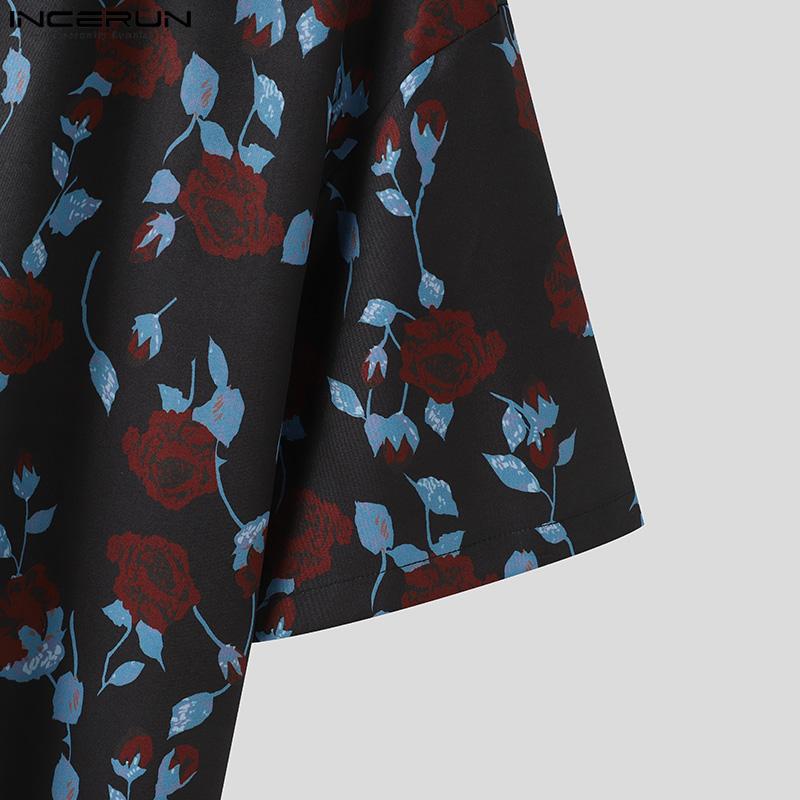 INCERUN Мужские винтажные рубашки с отложным воротником и цветочным принтом, топы с короткими рукавами