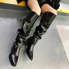 Fashion High Boots Women's Pointed Toe Sleeve Metal Buckle Block Heel Anti-Slip Wear-Resistant Pleated Stack Boots