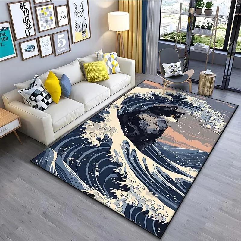 1PC Japanese Art Kanagawa Waves Carpet for Living Room Home Decor Large Area Rug Bedroom Floor Rug Non-slip Easy Washable Mat