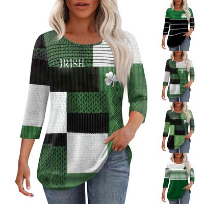 Женская мода круглый вырез горловины плиссированная передняя планка топ рукав 3/4