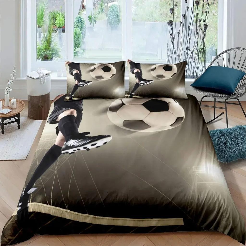 Футбольный комплект пододеяльников с рисунком футбольного мяча Комплект постельного белья с спортивной тематикой Микрофибра Цветной гранж-стиль Двуспальное одеяло King