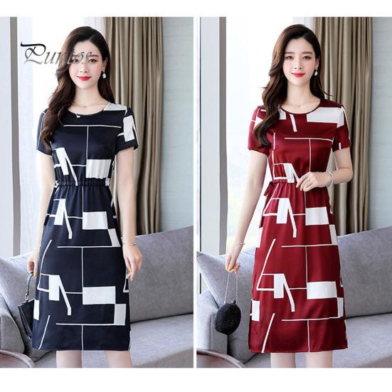 Женское повседневное платье с круглым вырезом и узкой талией с цветным принтом, облегающее платье длиной до колена с короткими рукавами, деловое платье для покупок, свиданий, платье миди