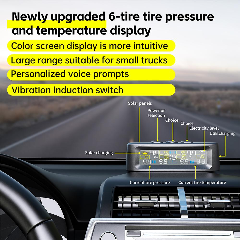 6-Wheel Solar TPMS Car Tire Pressure Alarm with 6 External Sensors Waterproof Digital Tyre Pressure Temperature Warning for Truck RV Van Tractor