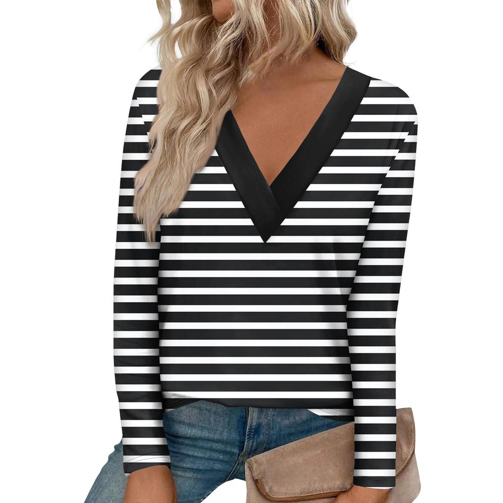 Женская модная футболка с длинными рукавами и большим v-образным вырезом спереди и изогнутым краем с принтом