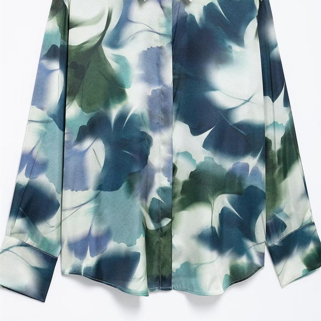 Spring 2025 Women's Fashion Silk Satin Turn-Down Collar Long-Sleeve Printed Shirt