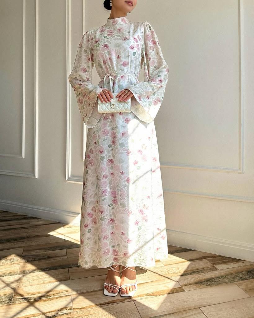 Европейская и американская женская одежда новая мода темперамент сладкие французские рукава-колокол тонкое платье с принтом длинное платье