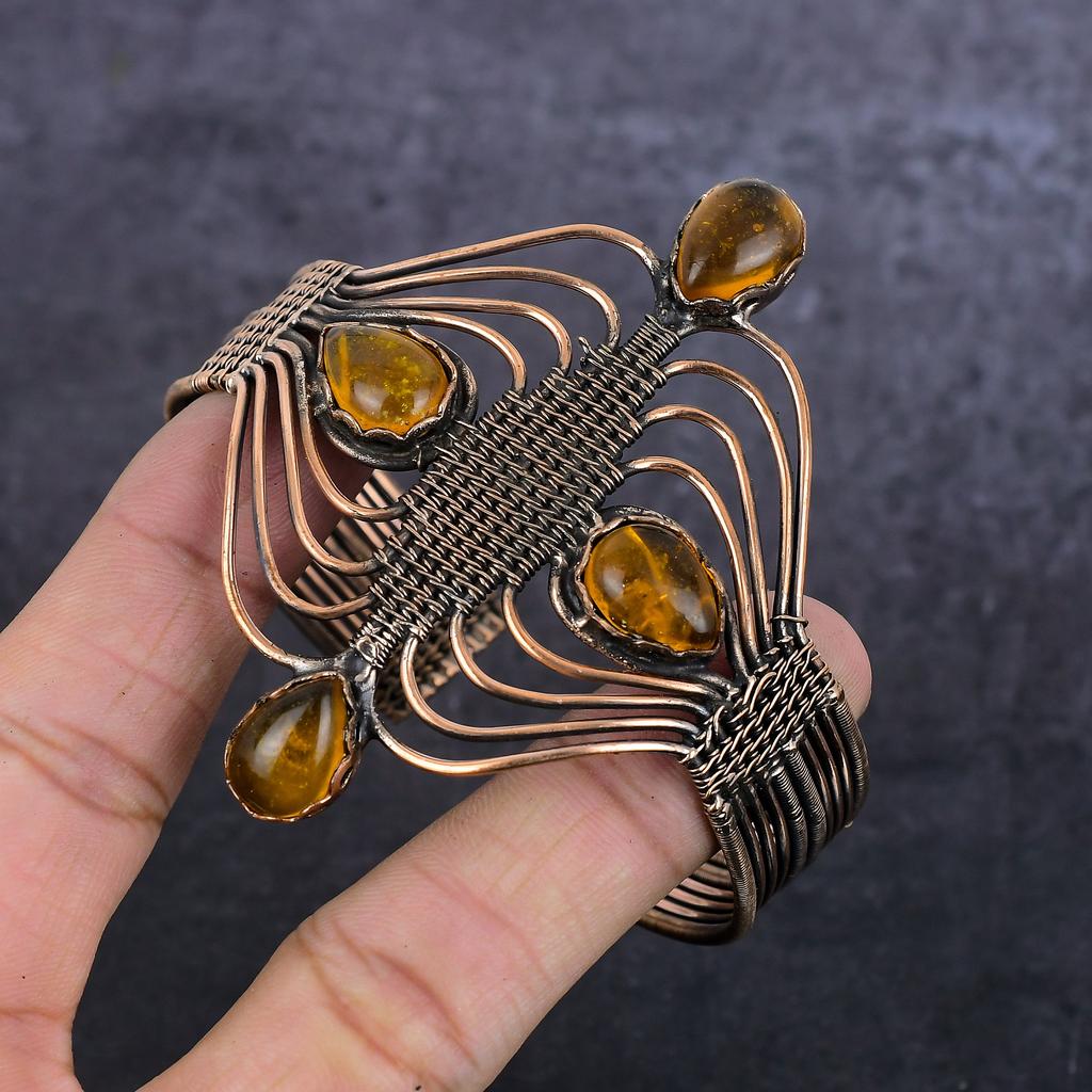 Citrine Gemstone Handmade Copper Wire Wrap Cuff Bangle Adjustable f3h60