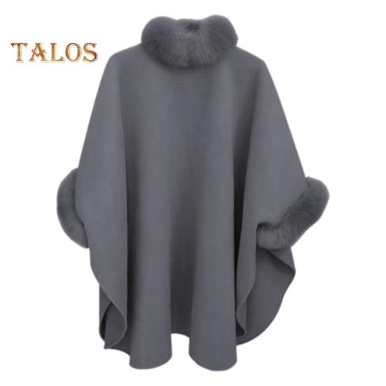Женское зимнее пальто-накидка с рукавами «летучая мышь» Толстая шаль Свободный воротник-стойка Однотонный декор из искусственного меха Теплая повседневная одежда для работы и отдыха на открытом воздухе Пончо