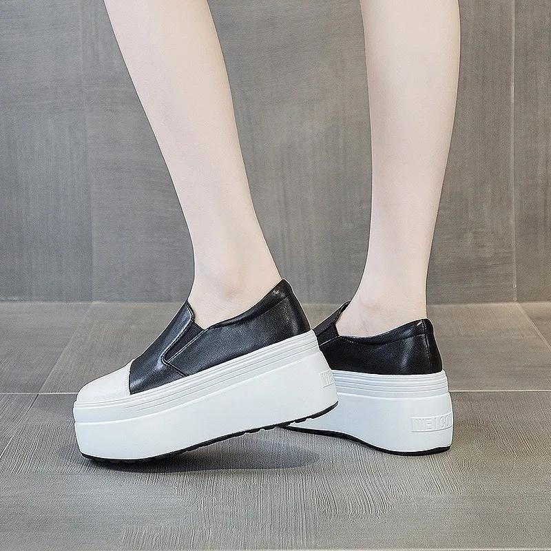 Fashion 8CM Casual Shoes Women's New Platform Heel Women Round Toe 2024 White Shoes Fashion Breathable Thick Bottom Slip Loafers Women