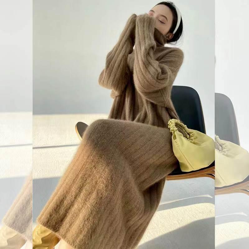 Французское вязаное платье, женское осенне-зимнее шерстяное платье средней длины с высоким воротником, женское однотонное платье-свитер с длинными рукавами, женские топы