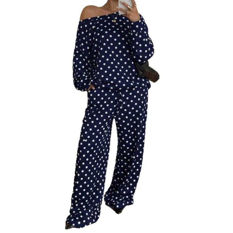 2026 Womens Polka Dot Off-Shoulder Asymmetrical Neck Long Sleeve Pocket Drawstring Pants Set Casual Streetwear