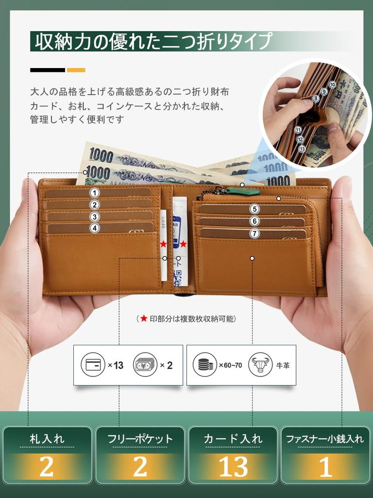 GSG Bridle Leather Bifold Popular Genuine Leather Wallet with Zippered Coin Green Exterior and Brown 23027 Men's Wallet, Brand, Slim, Purse, Compact,