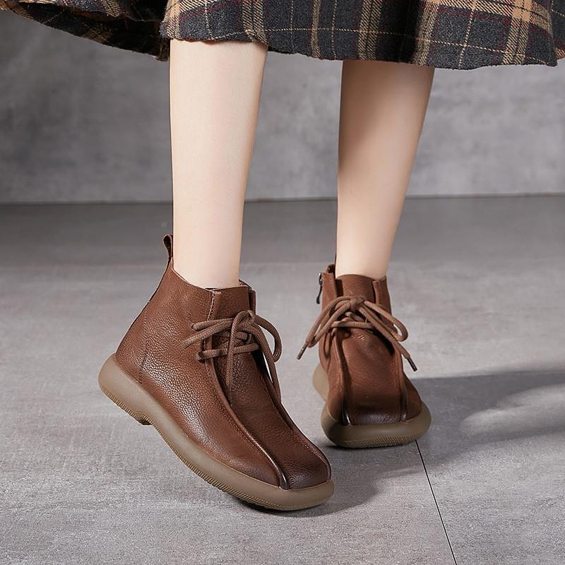 Johnature Retro Short Boots Women's Shoes Genuine Leather Round Toe Lace-up Versatile Flat Ankle Boots