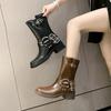 New Spring and Autumn Women's Leather Retro Brown Women's Boots Fashionable Belt Buckle Temperament Round Head High Barrel Boots