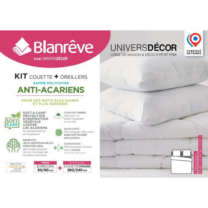 Pack Couette Blanrêve très chaude 260 x 240 + 2 Oreillers 60 x 60 "Confort" traité Anti Acarien Soft & care
