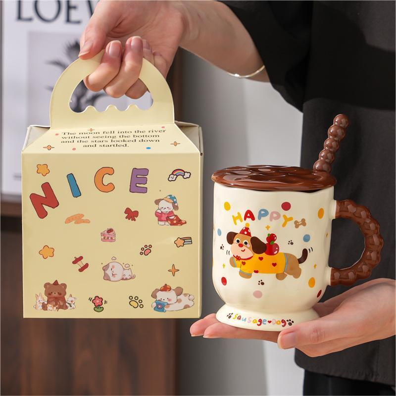 Милая керамическая кружка с изображением таксы, крышкой и ложкой, для воды, завтрака, кофе и молока, практичный подарок на день рождения.