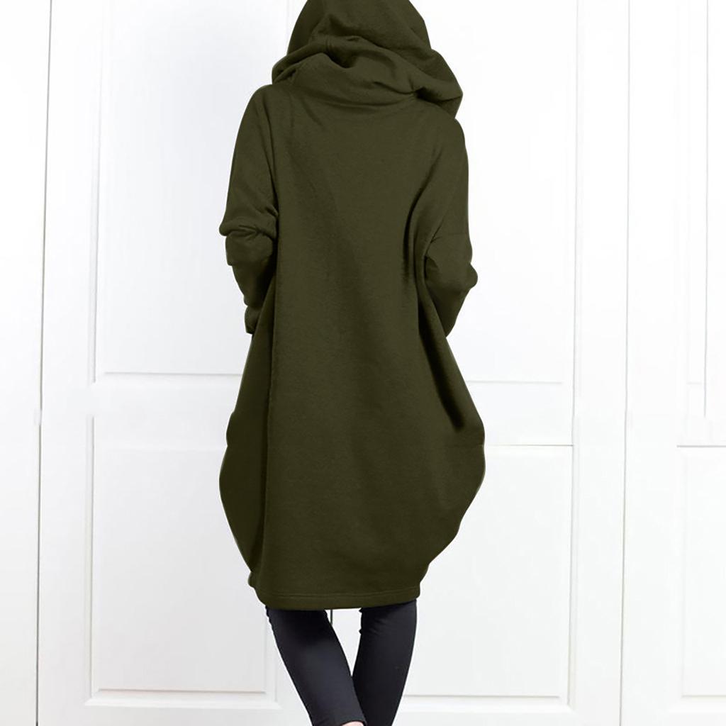 Women's Fashion Casual Solid Color Hooded Pocket Long Sweatshirt With Zipper, Mid-Length Fake Two-Piece Loose Coat