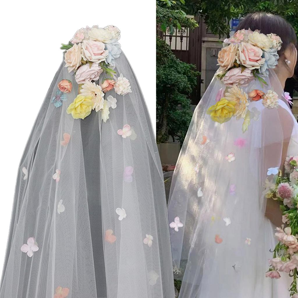 Bride Veil Colorful Flower Studded Veil Head Covering Wedding Hair Sheer White Wedding Veil Headscarf Mantilla Veil