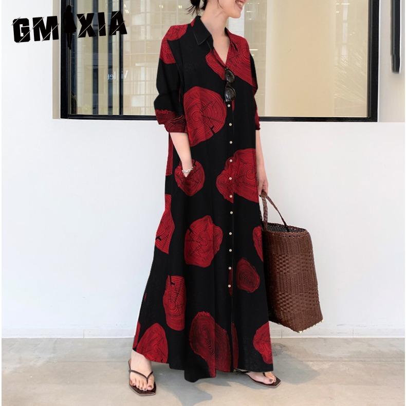 GMXIA Large Size Cotton and Linen Print Lapel Long Sleeve Simple Loose Casual Long Shirt Dress