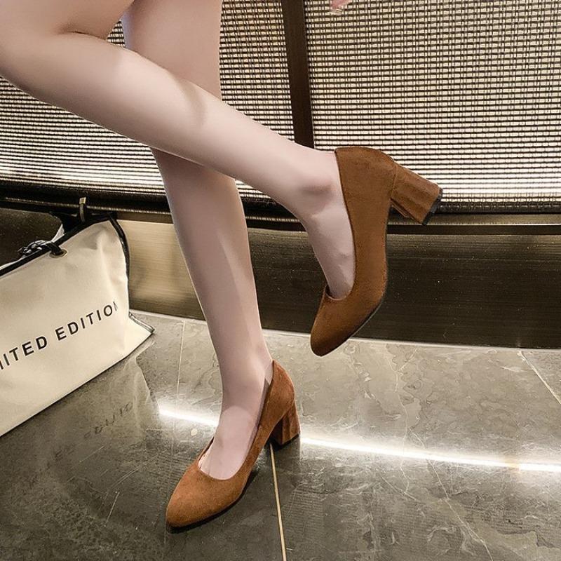 Офисные туфли на высоком каблуке для женщин 2024 года, весна и осень, новые толстые туфли с острым носком и модные туфли для работы и учебы с неглубоким носком