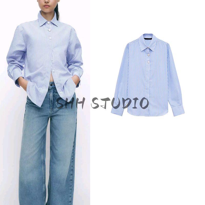Spring New Women's Clothing Patchwork Button Decoration Stripes Poplin Easiest for Match Long Sleeves Lapel Shirt 2238832
