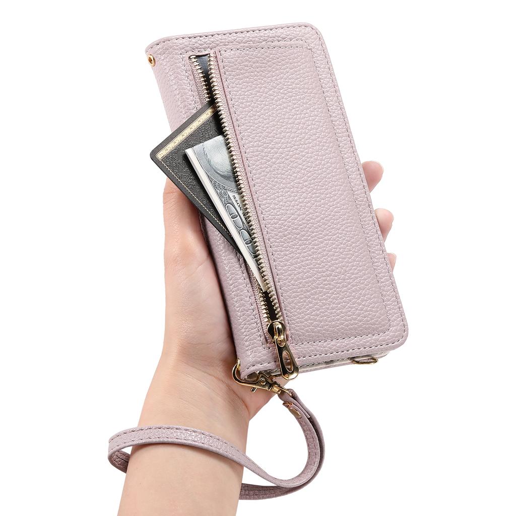 ESEBLE E11 For iPhone 17 Pro Max Case Zipper Pocket Litchi Texture Leather Phone Cover with Mirror and Wrist Strap