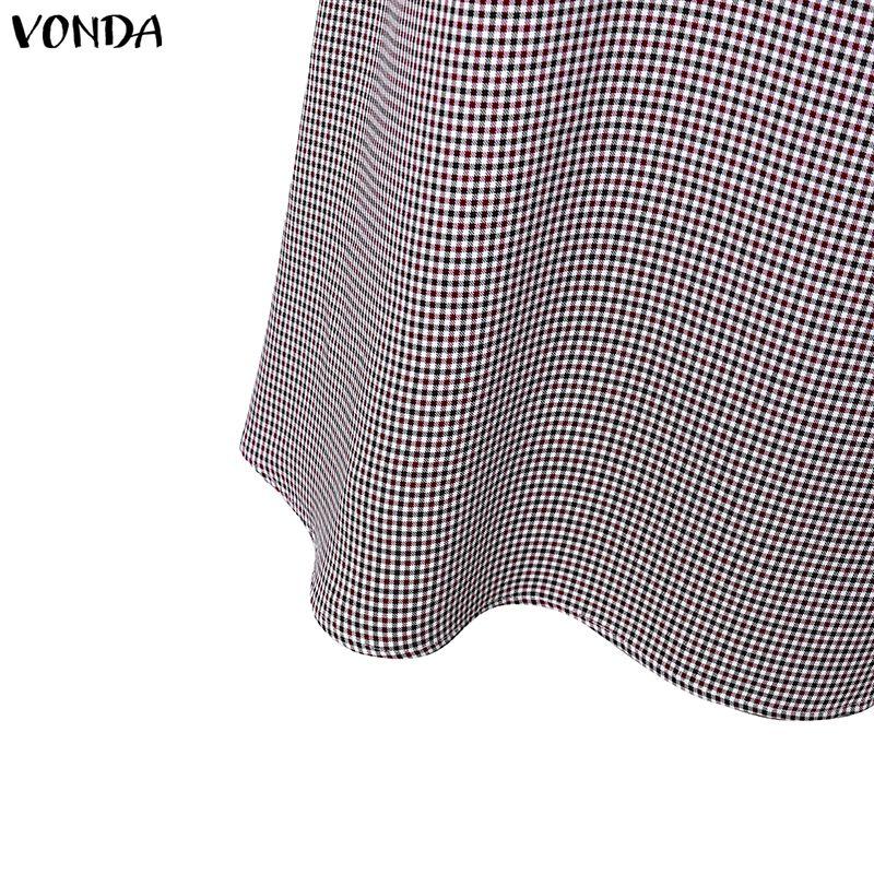 VONDA Женское Винтажное Клетчатое Миди Платье Осень О-образный Вырез Пышные Длинные Рукава С Поясом А-силуэта Расклешенное Вечернее Повседневное Платье
