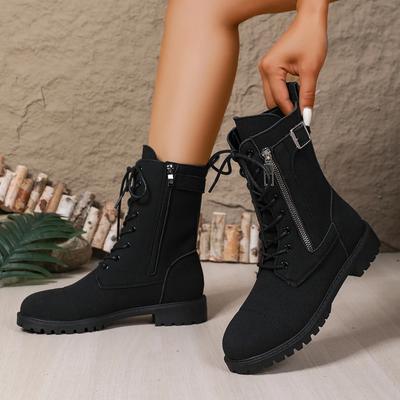 Женские сапоги до середины икры Осень/Зима Круглый носок Модные Пряжка-ремень Черные Боковая молния Модные Боты Ретро Женская обувь Платформа