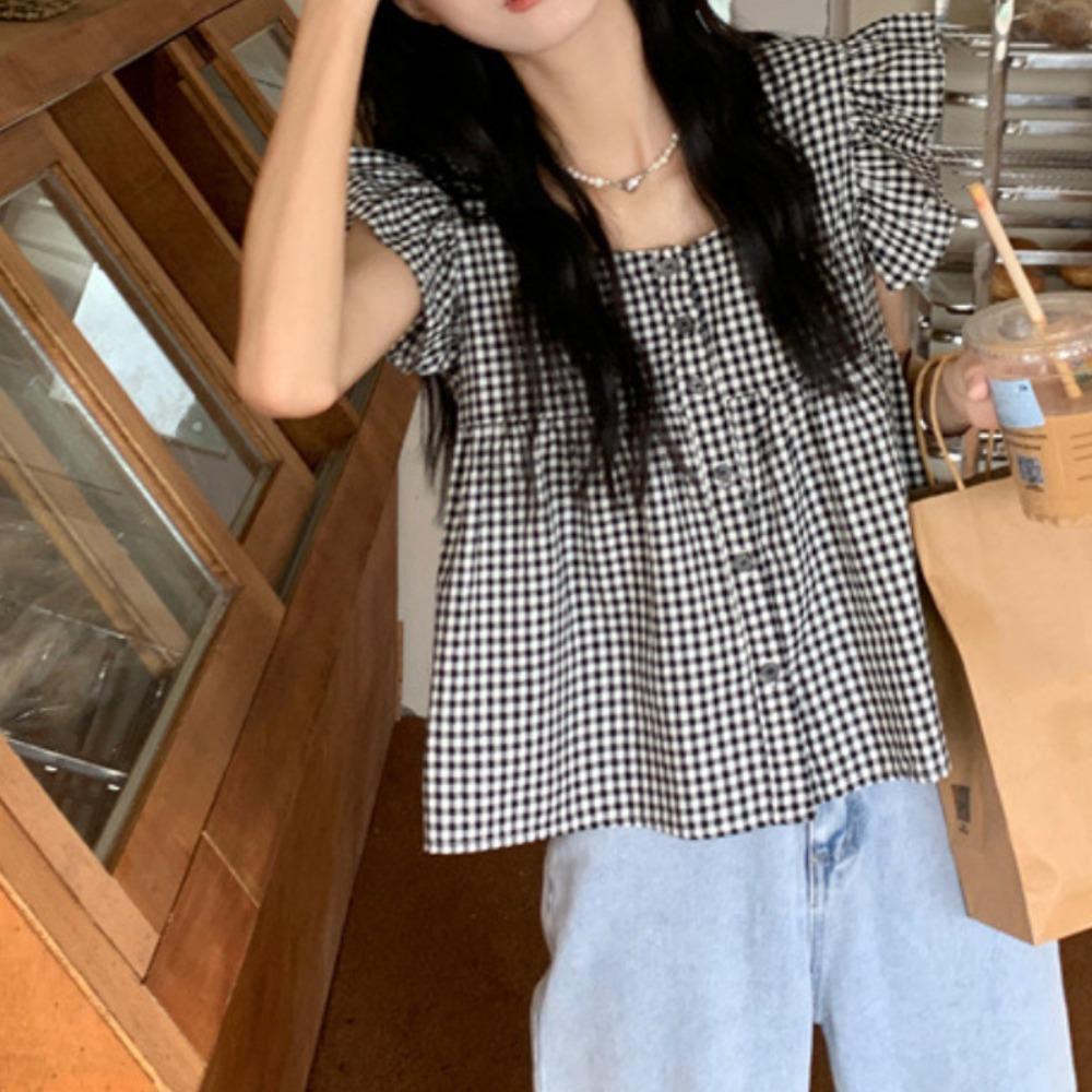 Оборки Милый свободный топ без рукавов с летящими рукавами Укороченный топ Шикарные клетчатые блузки для женщин и девочек