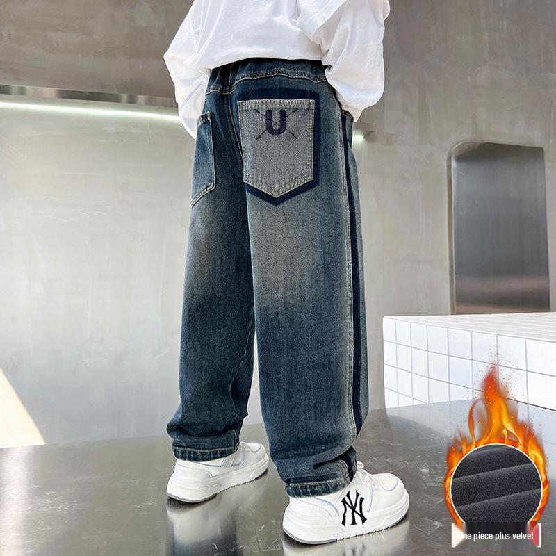 Джинсы на флисовой подкладке для мальчиков Весна-Осень 2025 - Повседневные длинные брюки для детей