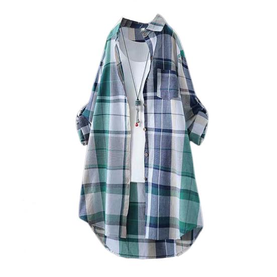 Женская рубашка с лацканами, длинным рукавом, цветной клетчатый принт, рубашка с карманом, свободный крой, однобортная рубашка средней длины