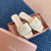 Korean version of pleated square head one-word sandals women's summer 2025 new fashion letter flat bottom outside casual slippers