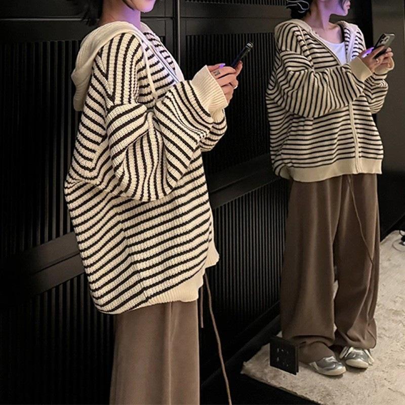 Unisex Retro Hooded Striped Color Block Knit Cardigan for Autumn/Winter Women's Top