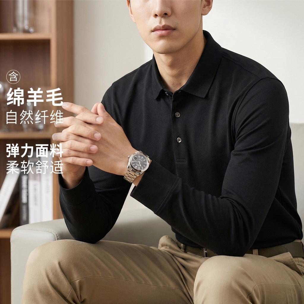 [Including Wool] Collar Long sleeved T-shirt for Men's Spring and Summer High end Business and Leisure Long sleeved Polo Shirt
