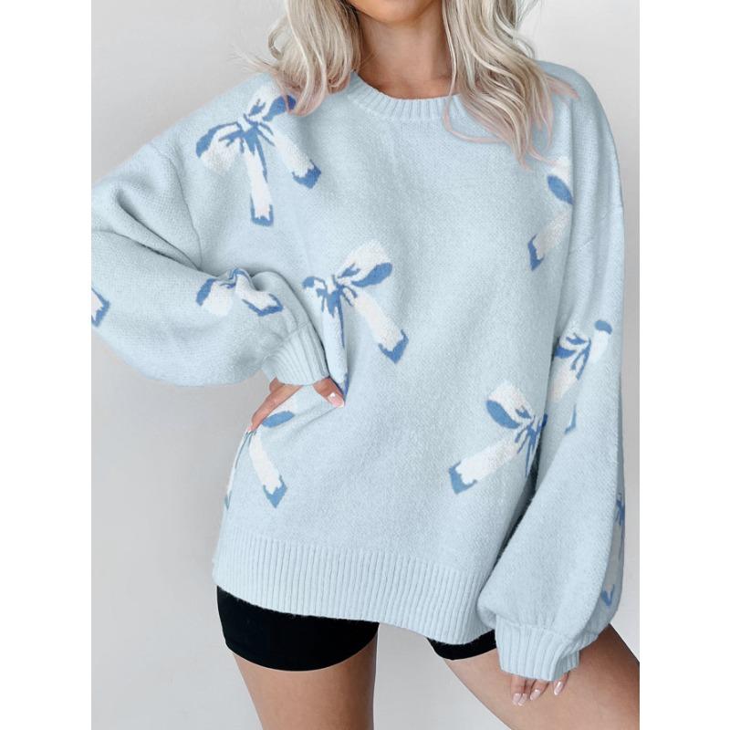 Женский осенне-зимний повседневный свитер с круглым вырезом и бантом, длинный рукав