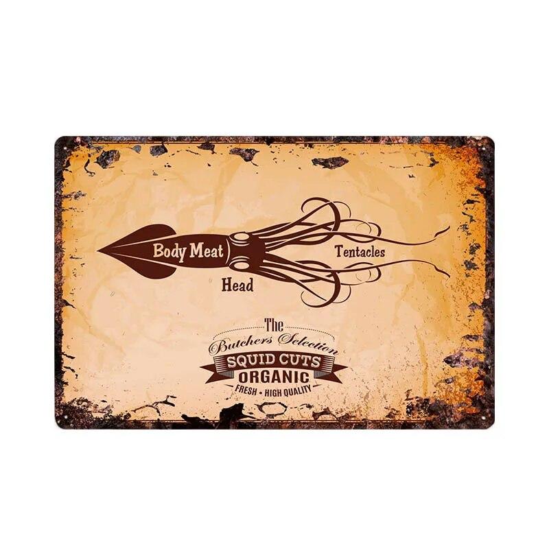Butcher Shop Vintage Metal Sign Kitchen Poster Beef Pig Duck Meat Cuts Collection Guide Retro Wall Plaque Painting Craft 20x30cm