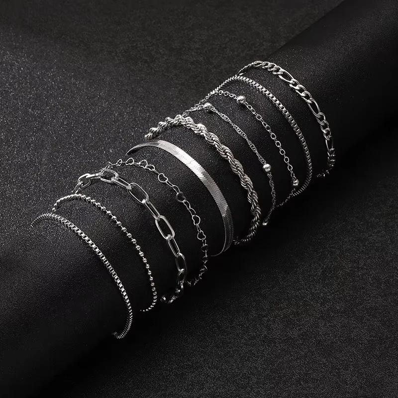 Fashion Flat Snake Chain Box Chain Bracelet Creative Heart-shaped Chain Twisted Chain Stacked Bracelet Set Women's Daily Jewelry