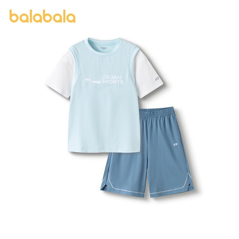 Balabala Boys' Short Sleeve Set - Fake Two-Piece, Quick-Drying Summer Top
