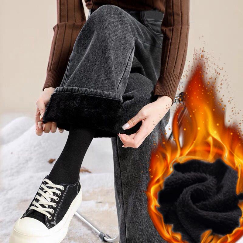Thick High Waisted Drooping Casual Wide Leg Jeans for Women with Plush Insulation Loose Fitting Straight Leg Mop for Outerwear Winter Pants