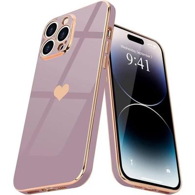 Чехол - Чехол - для iPhone 14 Pro - Фиолетовый - Узор Золотое Сердце - Ударопрочная Защита