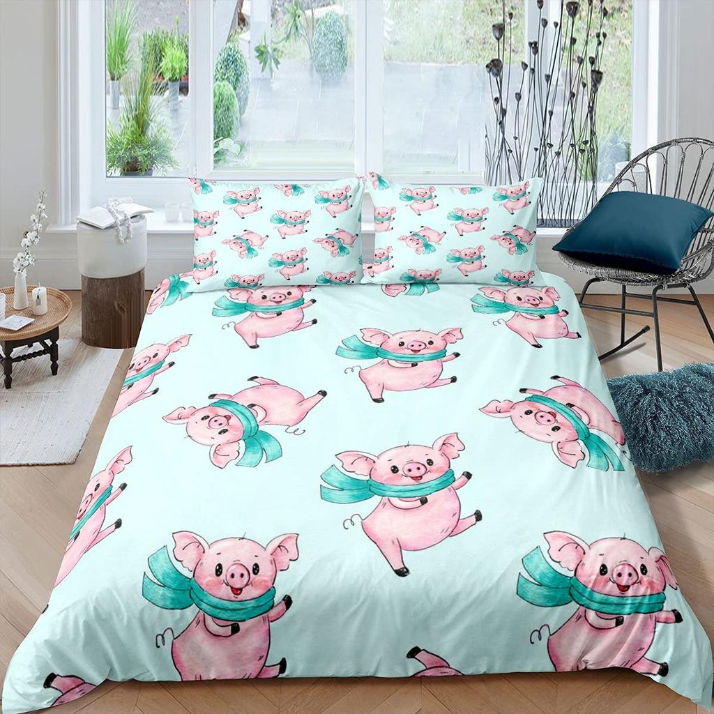 Cartoon Kawaii Pig King Queen Duvet Cover Happy Farm Animal Bedding Set Pink Piggy Quilt Cover 2/3pcs Polyester Comforter Cover