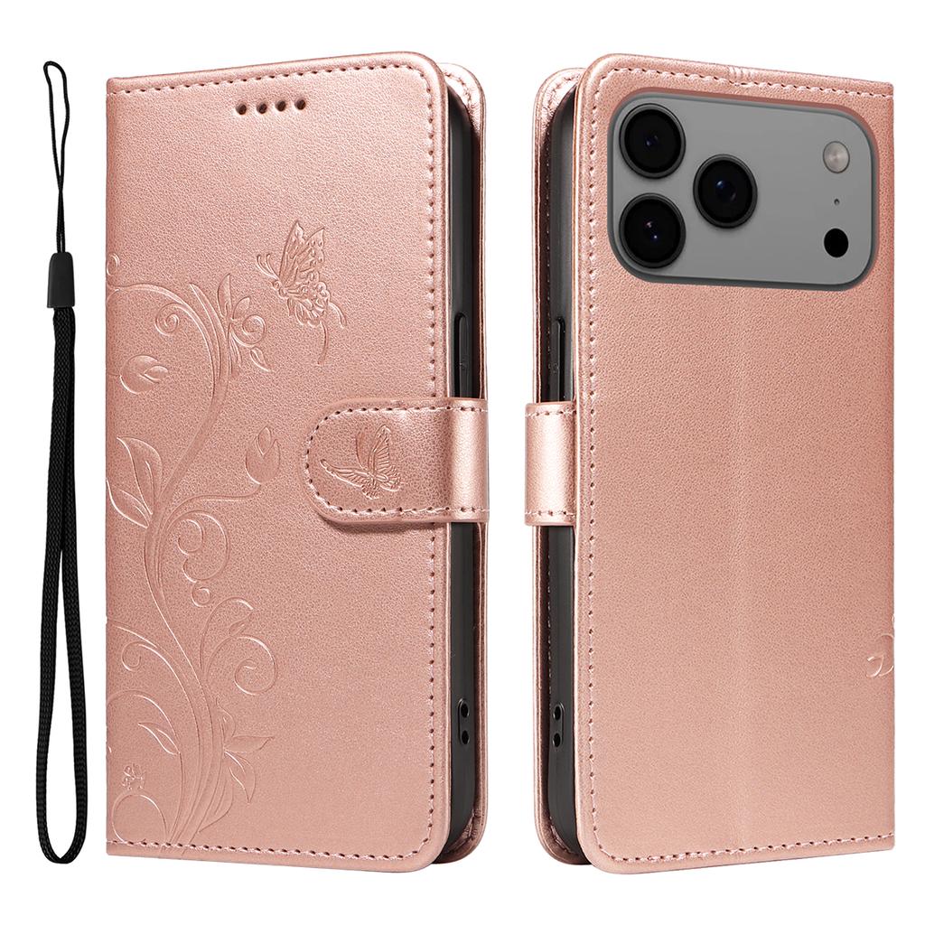 For iPhone 17 Pro Max PU Leather Cases Flower Pattern Wallet Stand Phone Cover with Strap